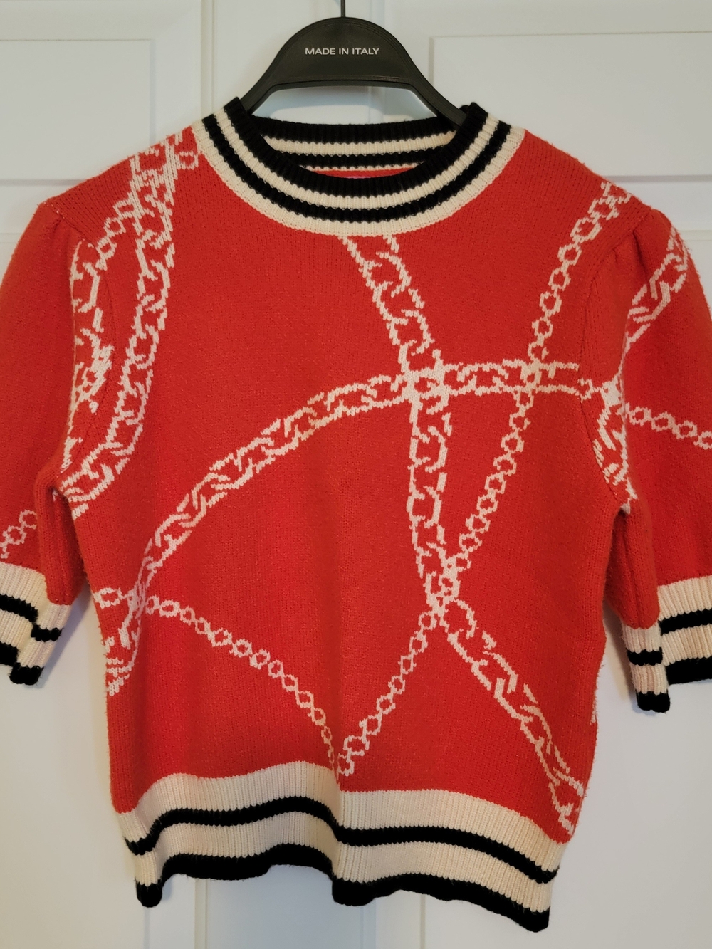 THML Red Chain-Print Crewneck Sweater with Black & Cream Trim